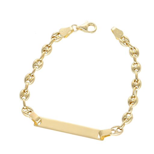 A 14 Karat Gold Puff Mariner ID Bracelet with a bar charm in the center, displayed on a white background.