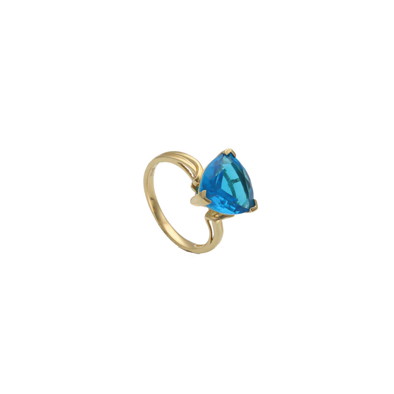 14 Karat Yellow Gold with a Topaz in a Trilliant cut set on a white background.