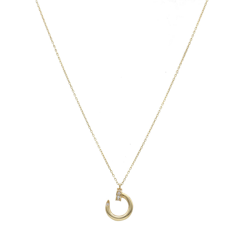 A 14 karat gold rolo necklace with a Nail Shape Pendant adorned with cubic zirconium stones.
