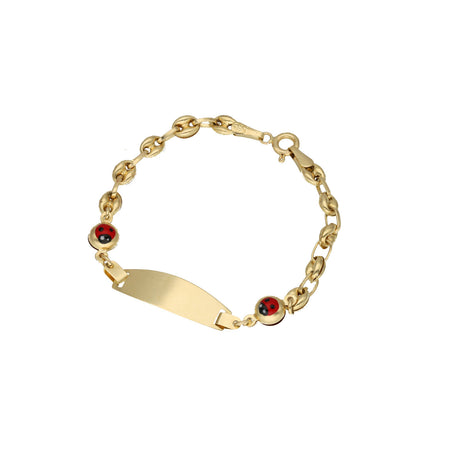 A 14 karat gold bracelet featuring a mariner chain design with red and black ladybug accents and a personalized ID plate.