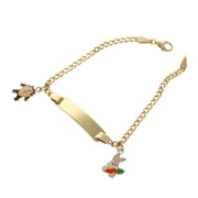 A 14 karat gold ID baby bracelet with a Cuban link chain design, featuring taz and Bugs Bunny charm, and a customizable ID plate.