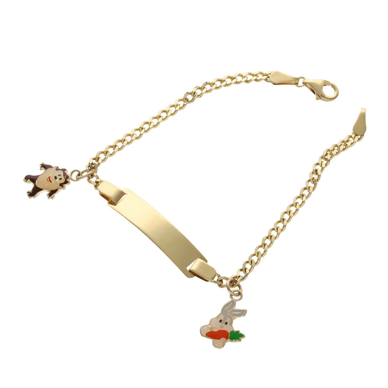 A 14 karat gold ID baby bracelet with a Cuban link chain design, featuring taz and Bugs Bunny charm, and a customizable ID plate.