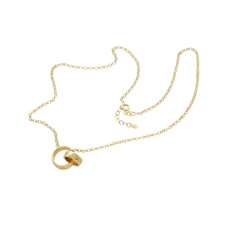 A 14 karat gold necklace featuring a screw head design with two rings, displayed against a white background.