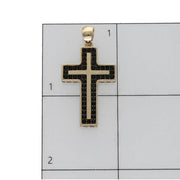Size and scale measurement of 14K yellow gold black CZ cross pendant on grid ruler - Veka Jewelry