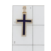 14K yellow gold and blue enamel cross pendant placed on a scale grid showing 39.3 mm by 21.2 mm actual dimensions