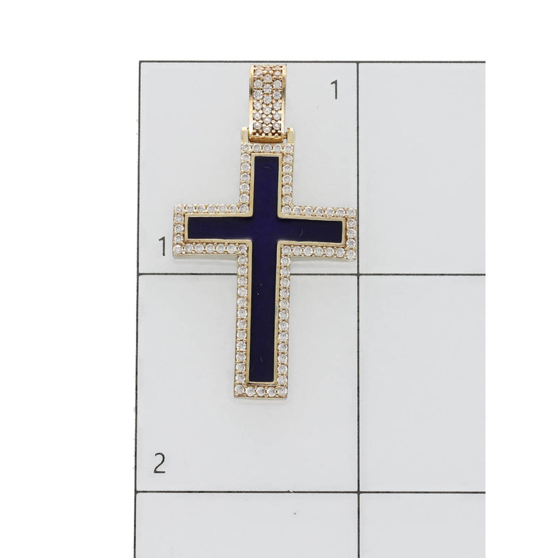 14K yellow gold and blue enamel cross pendant placed on a scale grid showing 39.3 mm by 21.2 mm actual dimensions