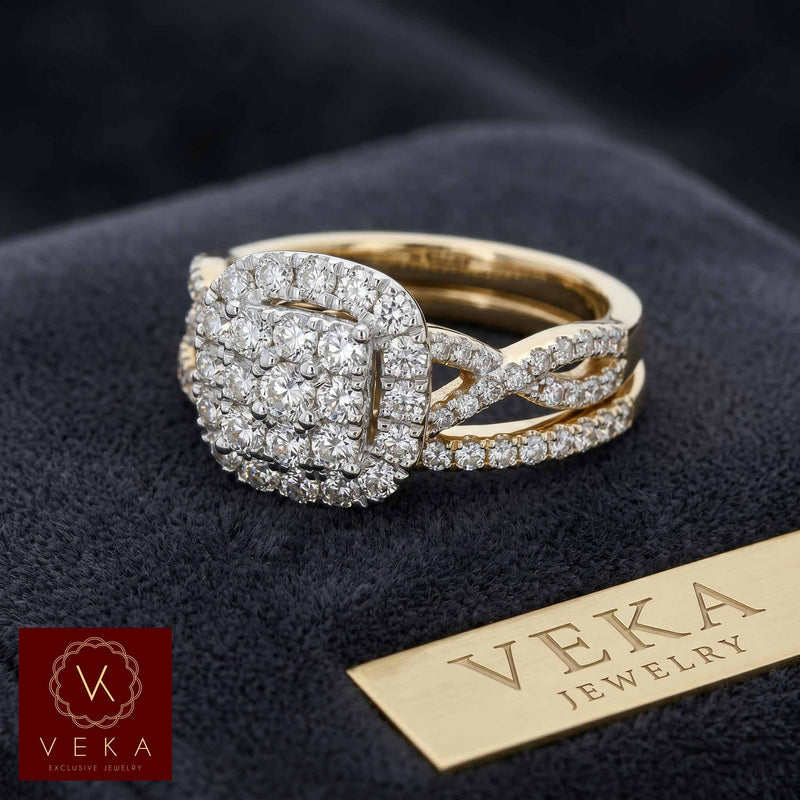 Front view of VEKA Jewelry 1.5 CTW Natural Diamond bridal set featuring a double halo design in solid 14K gold