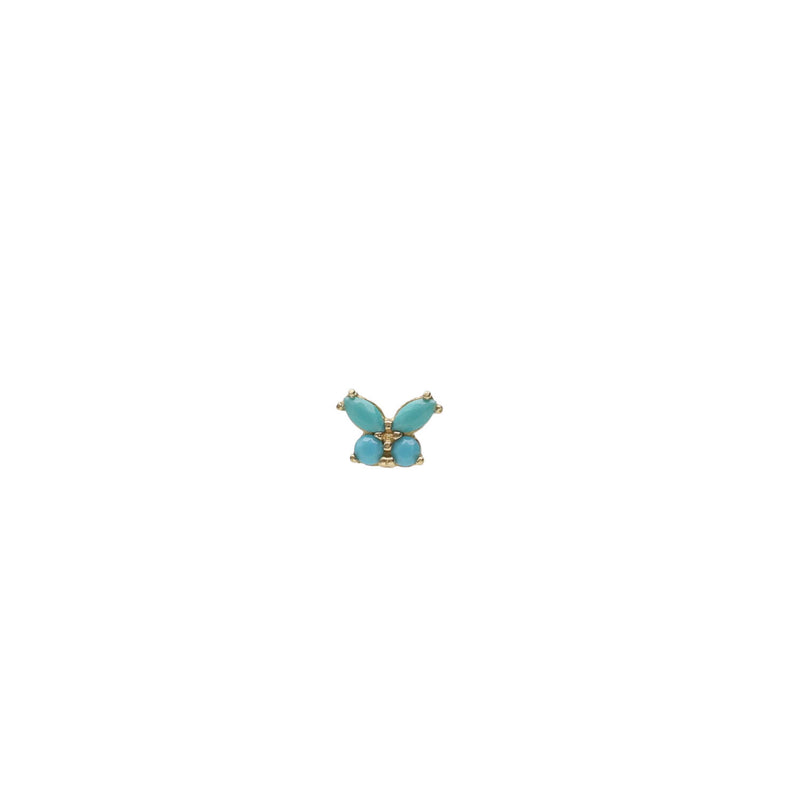 14k yellow gold butterfly cartilage stud with turquoise stones worn on a helix piercing. Flat back labret jewelry by VEKA Jewelry.