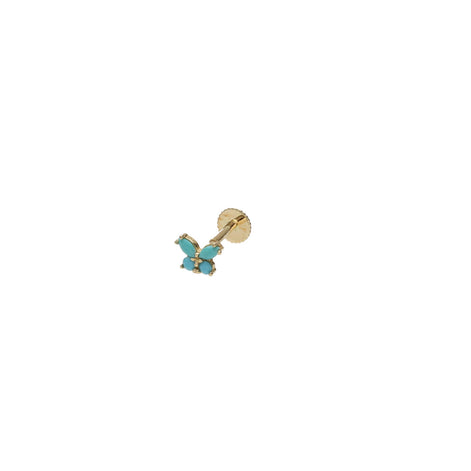 14k yellow gold butterfly cartilage stud with turquoise stones worn on a helix piercing. Flat back labret jewelry by VEKA Jewelry.