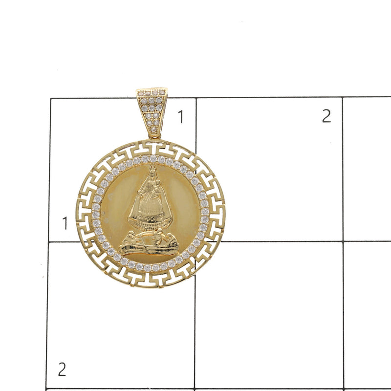 Size chart and scale guide showing 25.9 mm by 35.6 mm measurements of 14K yellow gold Caridad del Cobre medal pendant