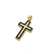Solid 14K yellow gold cross pendant set with black cubic zirconia stones, front view