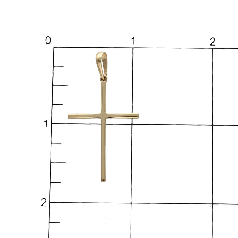 Measurement ruler showing 43mm height and 23mm width of 14K solid yellow gold slim cross pendant