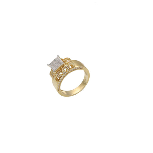 Side view of a 14K yellow gold ring featuring intricate heart filigree and pave-set cubic zirconia accents