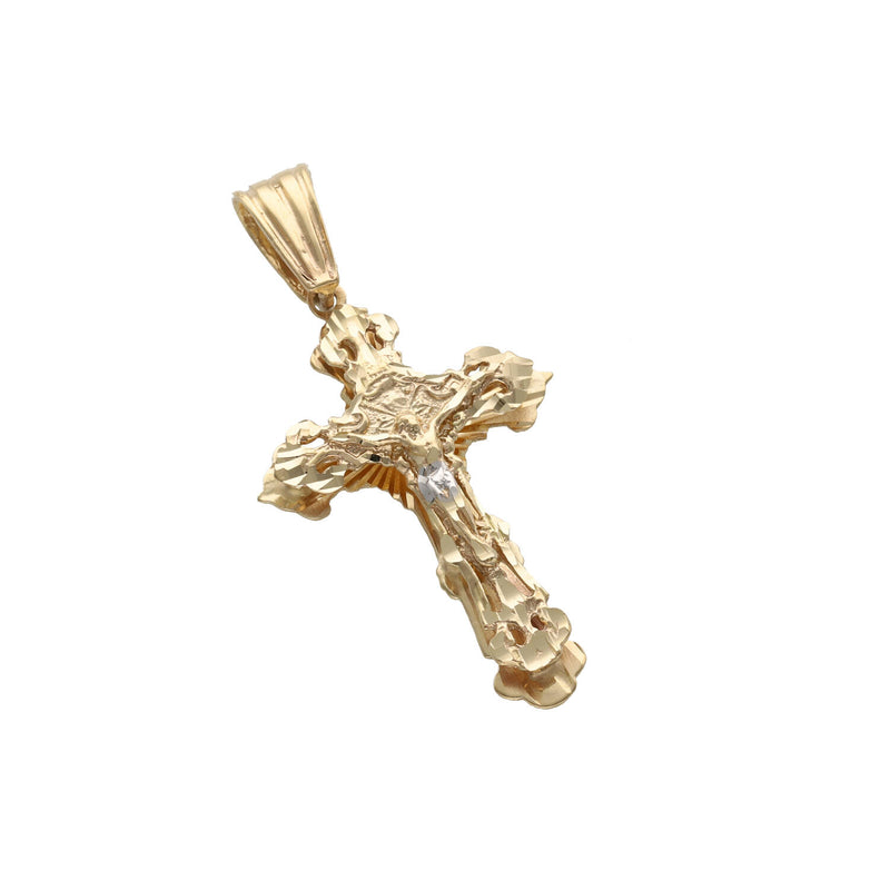 Front view of authentic 14k yellow gold diamond cut nugget crucifix cross charm for Cuban link chains