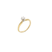 14k yellow gold diamond ring top view with small white background, showing the detailed prong setting