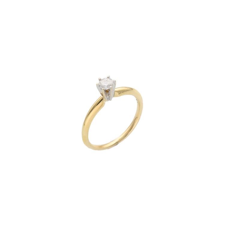14k yellow gold diamond ring top view with small white background, showing the detailed prong setting