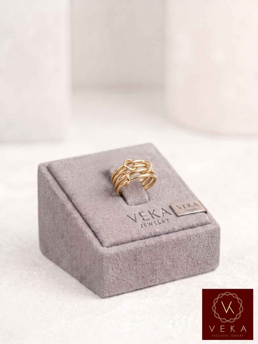 14k solid gold interlocking multi-band ring presented on a velvet jewelry display box by Veka Jewelry