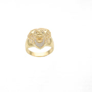 Front view of a men's 14K yellow gold lion head ring featuring pave set cubic zirconia stones on the mane