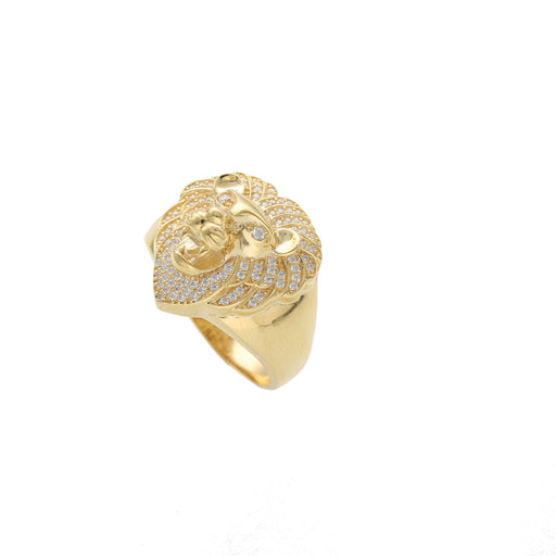 Side profile of a gold lion ring showing the 11.3g solid gold band and detailed animal design.