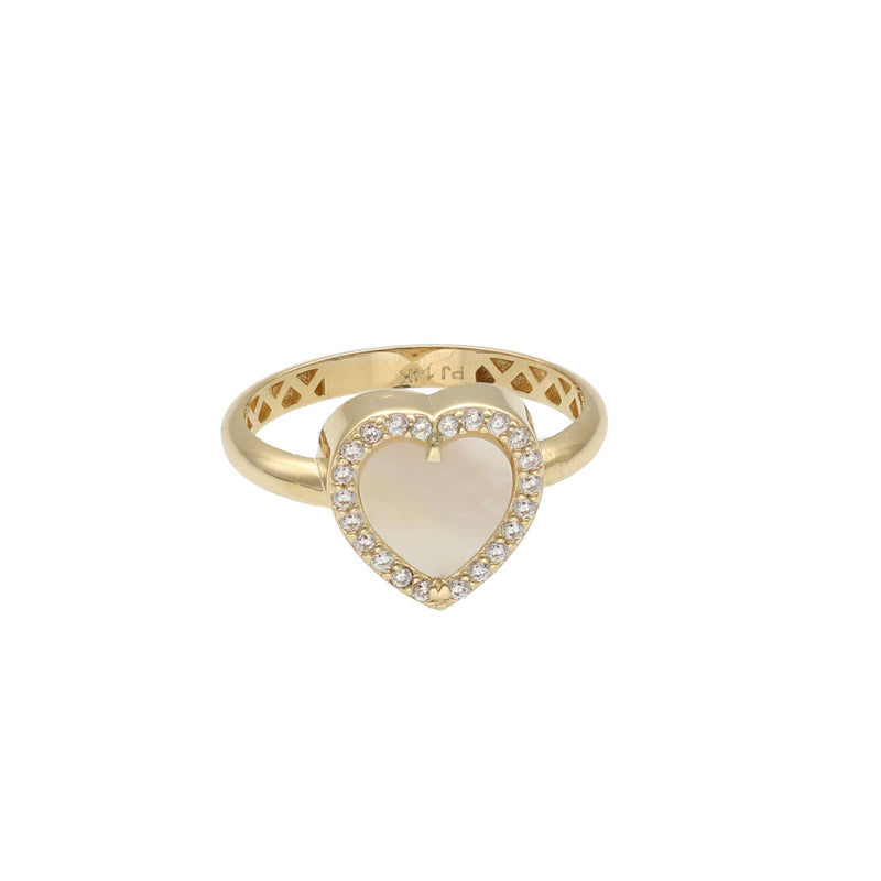 14k Gold ring with a heart-shaped center in mother pearl stone heart shaped.