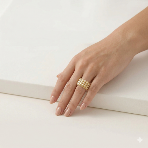 14k Yellow Gold Ribbed Barrel Statement Ring on model hand, 12mm wide bold gold band luxury fashion