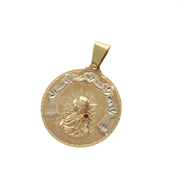 Detailed front view of 14K solid gold Santa Barbara medal with diamond-cut white gold border and red ruby CZ stone