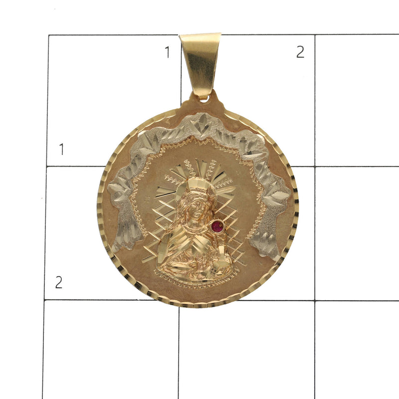 Exact measurement scale and size reference grid for 38.1mm by 52.8mm 14K gold Santa Barbara medal pendant