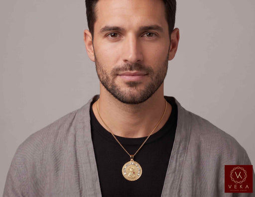 Men's 14K gold Santa Barbara pendant medal shown on neck chain for realistic fit and scale reference by Veka Jewelry