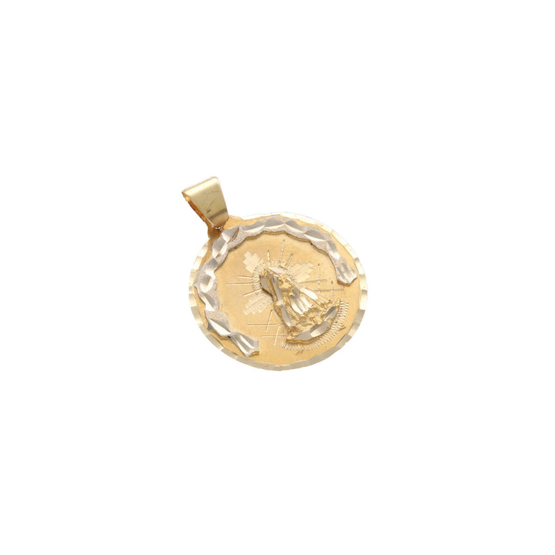Front view of 14K yellow gold Virgen de la Caridad del Cobre medal pendant featuring diamond-cut white gold border and satin finish