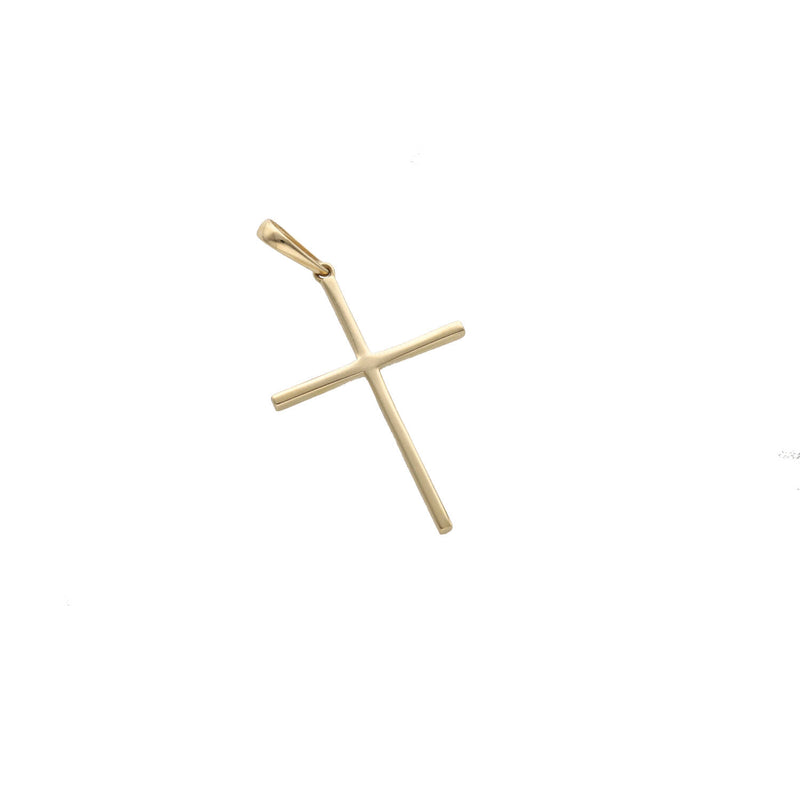 Side profile and bail view of 14K yellow gold minimalist cross pendant showing sleek thin design
