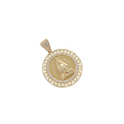 Front view of authentic 14K yellow gold Virgen de la Caridad del Cobre medallion with cubic zirconia stones and Greek key border