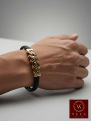 14K solid yellow gold Greek Key black braided leather Cuban link bracelet for men worn on wrist – luxury men's jewelry by VEKA Jewelry