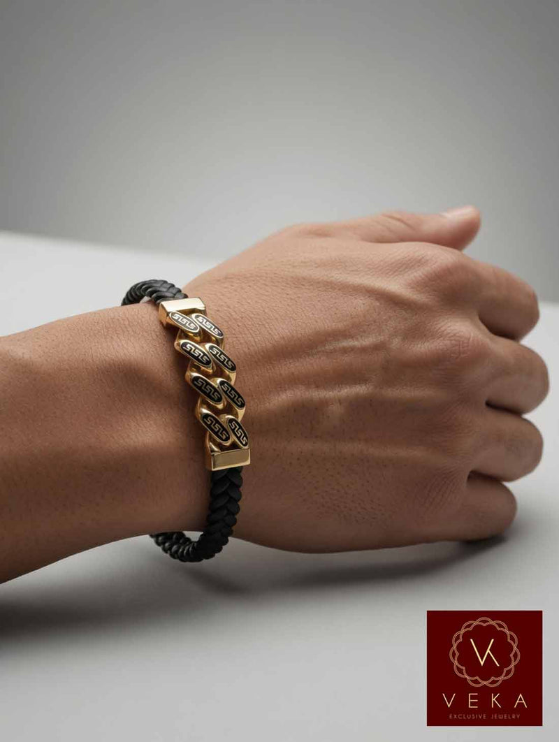 14K solid yellow gold Greek Key black braided leather Cuban link bracelet for men worn on wrist – luxury men's jewelry by VEKA Jewelry