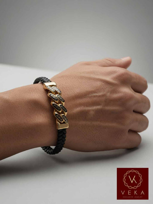 14K solid yellow gold Greek Key black braided leather Cuban link bracelet for men worn on wrist – luxury men's jewelry by VEKA Jewelry