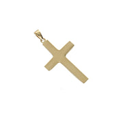 Angled view highlighting the faceted beveled edges and polished shine of the 14K yellow gold cross pendant by Veka Jewelry