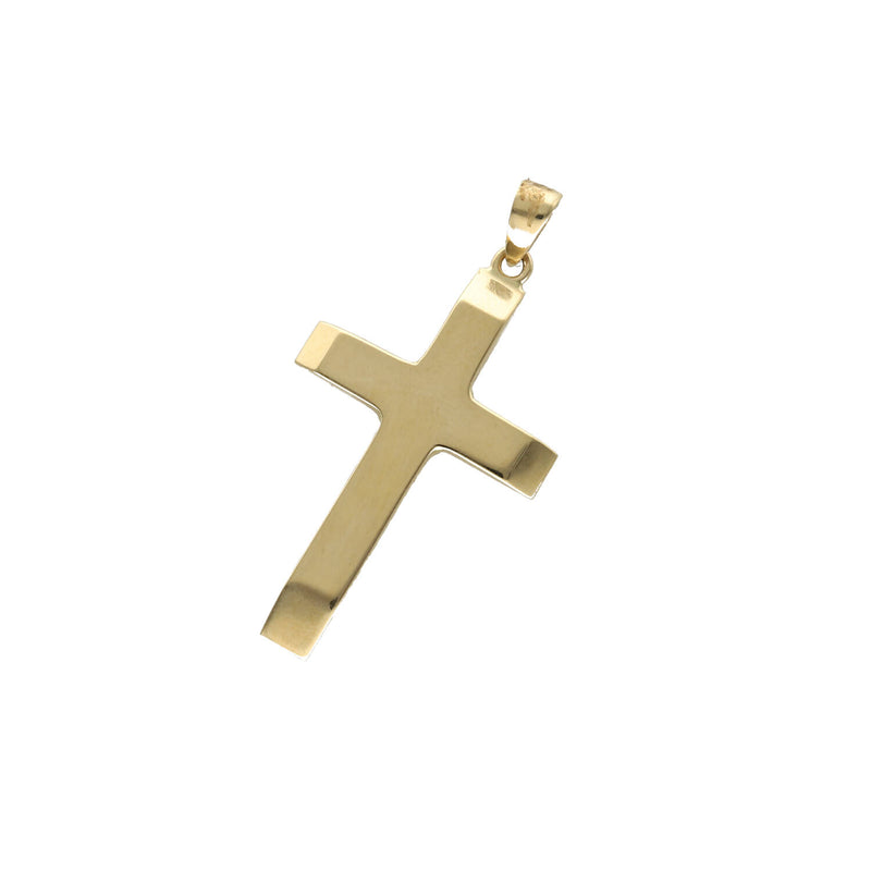 Front view of the solid 14K yellow gold modern beveled cross pendant on white background by Veka Jewelry.