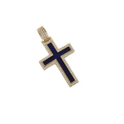 Front-facing product view of genuine 14K gold blue enamel cross pendant with sparkling CZ stones on an iced-out bail.