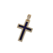 Angled studio view of 14K yellow gold cross pendant highlighted by deep royal blue enamel and pave cubic zirconia border.