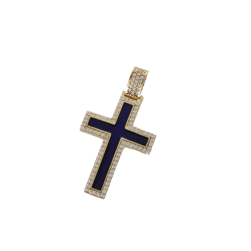 Angled studio view of 14K yellow gold cross pendant highlighted by deep royal blue enamel and pave cubic zirconia border.