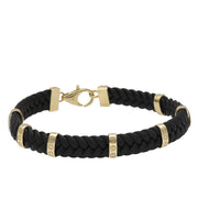 14K yellow gold braided black leather bracelet for men shown flat on white background with gold hardware and lobster clasp