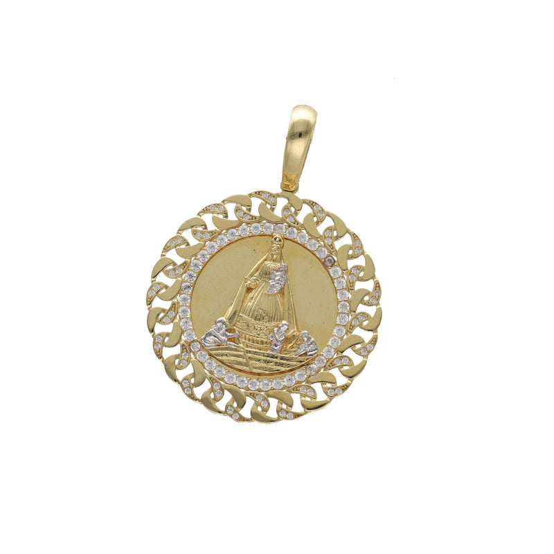 Front view of 9.1g 14K yellow gold Cuban link border Caridad del Cobre medallion with cubic zirconia stones