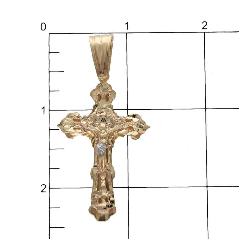 Size measurement comparison showing 60mm length of 14k gold nugget crucifix cross pendant next to ruler scale