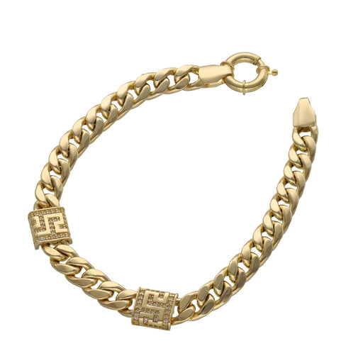 14K yellow gold curb link bracelet featuring geometric maze pattern stations encrusted with clear cubic zirconia stones and a large spring ring clasp - Veka Jewelry