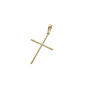 Polished 14K solid yellow gold slim cross pendant charm isolated on white background