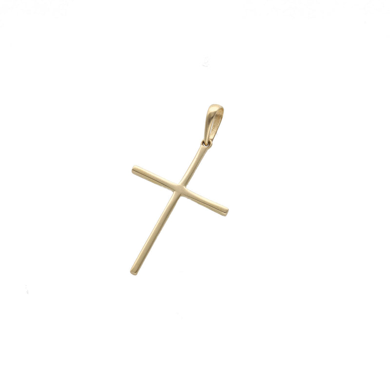 Polished 14K solid yellow gold slim cross pendant charm isolated on white background