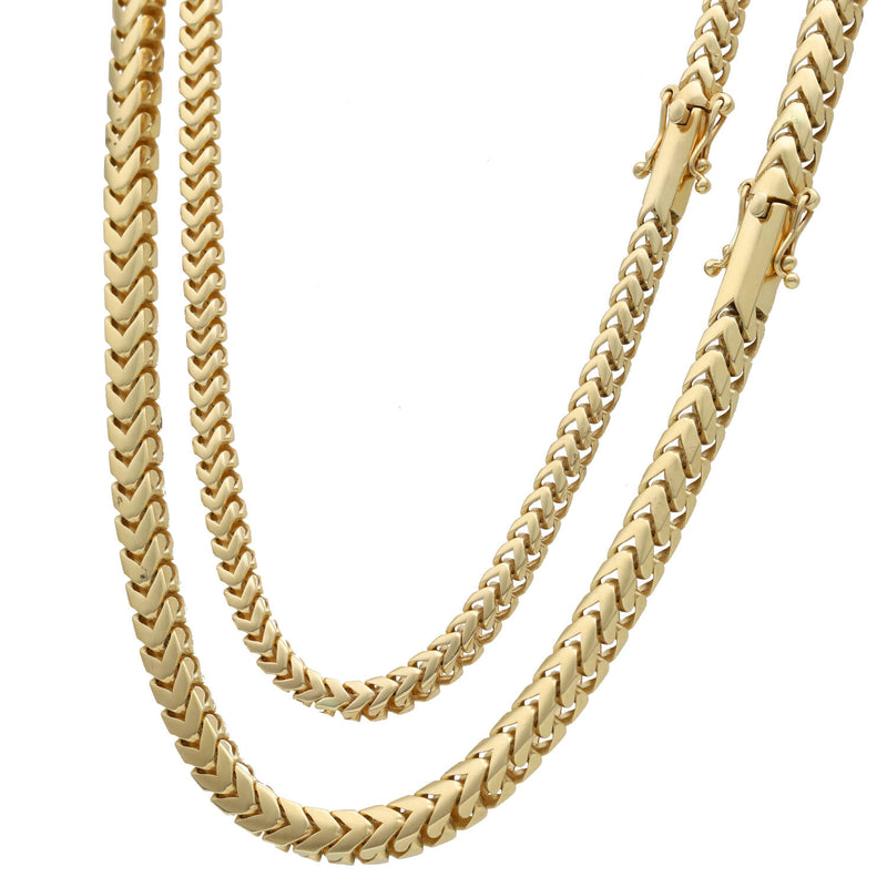 A front-facing studio product shot against a white background, showing the entire drape and intricate woven pattern of the 4mm 1and 5mm 14K yellow gold hollow Franco chain necklaces.