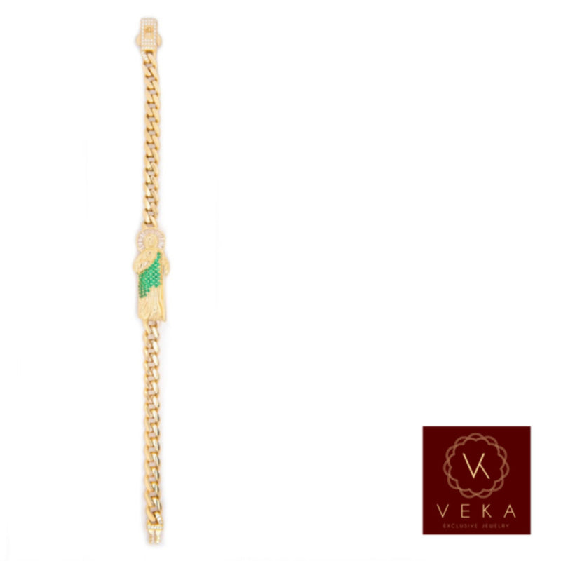 14K yellow gold men's 8mm Monaco link bracelet featuring a San Benito centerpiece surrounded by green and white cubic zirconia stones - Veka Jewelry