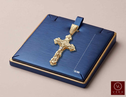 14K yellow gold nugget crucifix cross pendant 60mm displayed on luxury blue jewelry box by Veka Jewelry
