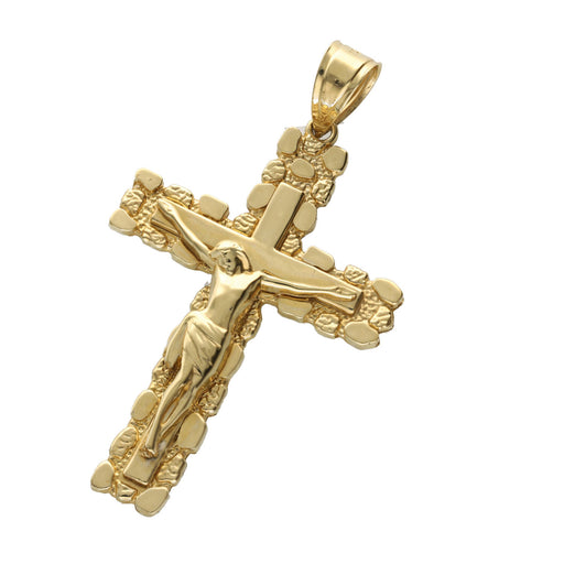 Detailed left angled view of 14K yellow gold nugget crucifix pendant showing polished corpus and nugget texture