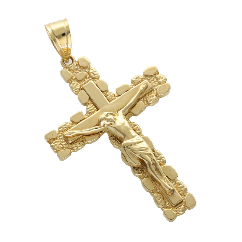 Detailed right angled view of 14K solid gold nugget Jesus crucifix pendant highlighting the bail and gold finish.